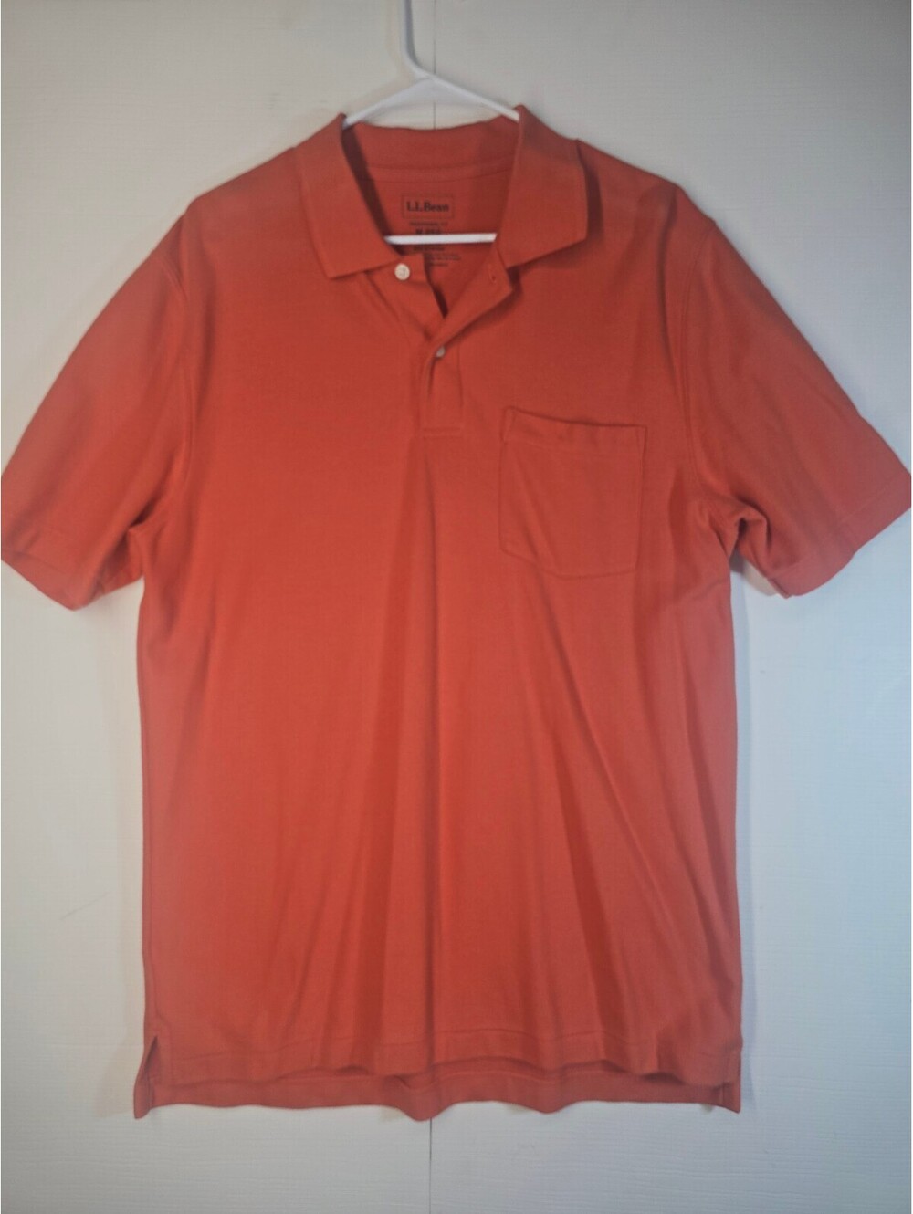 LL Bean Mens Medium Coral Orange Pocket Polo Shirt Traditional Fit Cotton